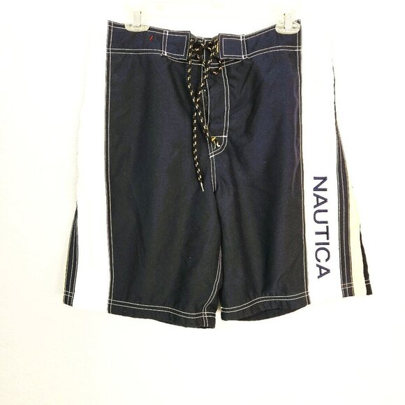 Nautica Men's Swim Trunks Blue with White and Yellow Stripe and Logo Size 36W - Picture 1 of 7